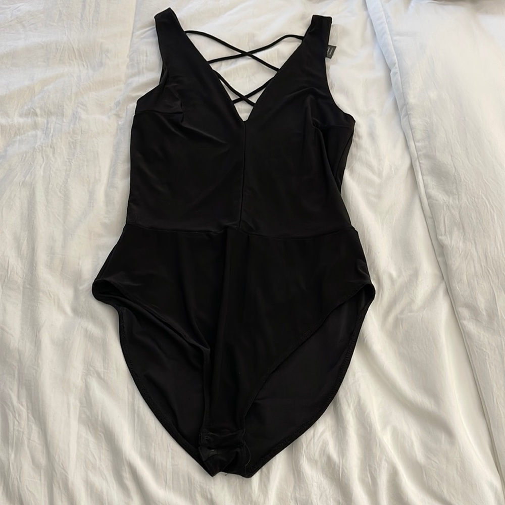Aqua Black Bodysuit with Crisscross Back